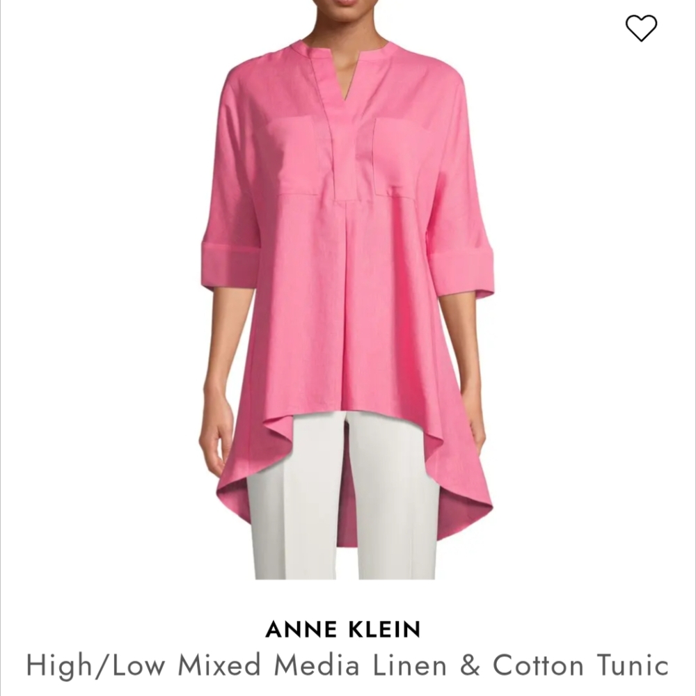 ⭐ NEW NWT Anne Klein High/Low Mixed Media Linen Blend Pink Tunic Large